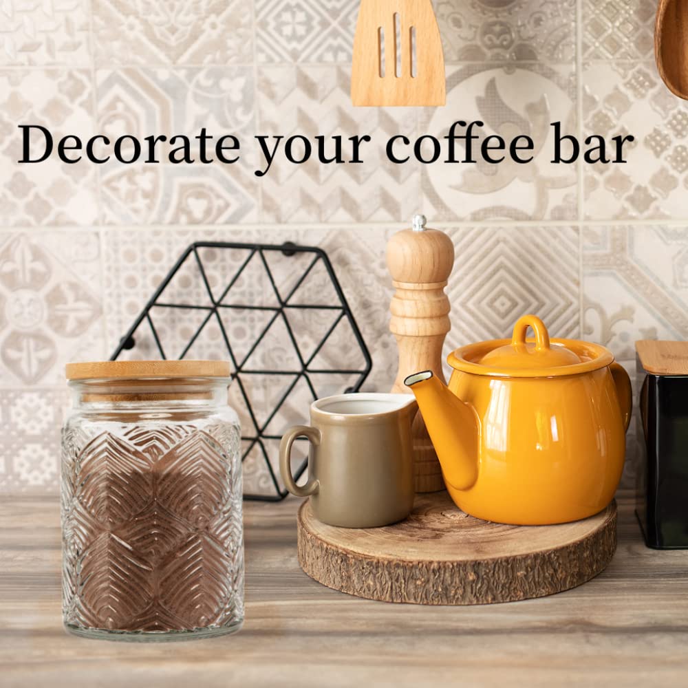 Prettidecor patterned exterior glass jar adds upscale touch to pantry.