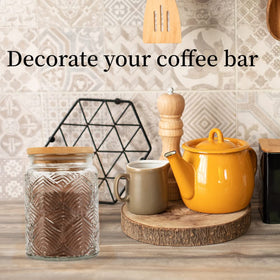 Prettidecor patterned exterior glass jar adds upscale touch to pantry.