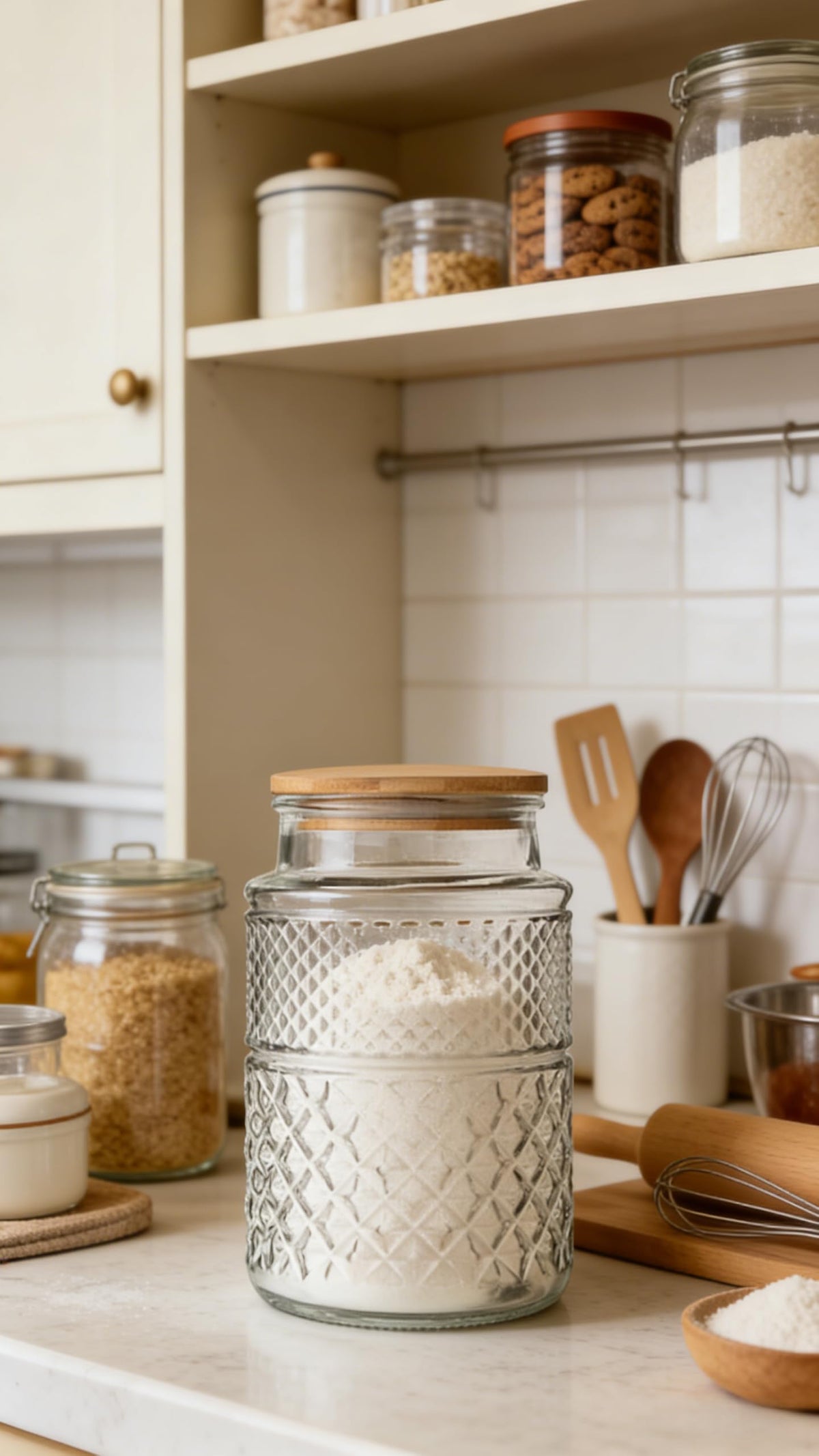 Prettidecor rice storage jar keeps grains visible and ready to scoop.