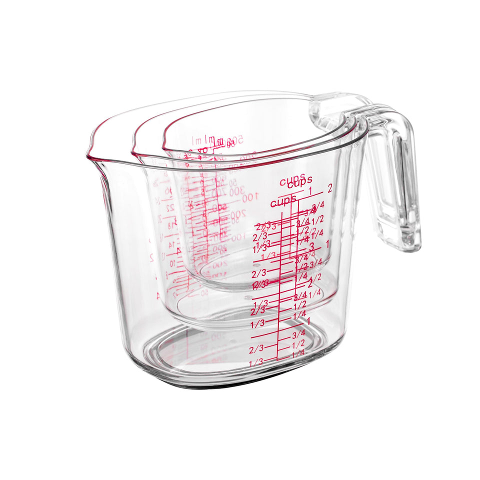 PRETTYFINE 3-piece nesting cups, 1-cup view, for precise liquid measurements during baking.