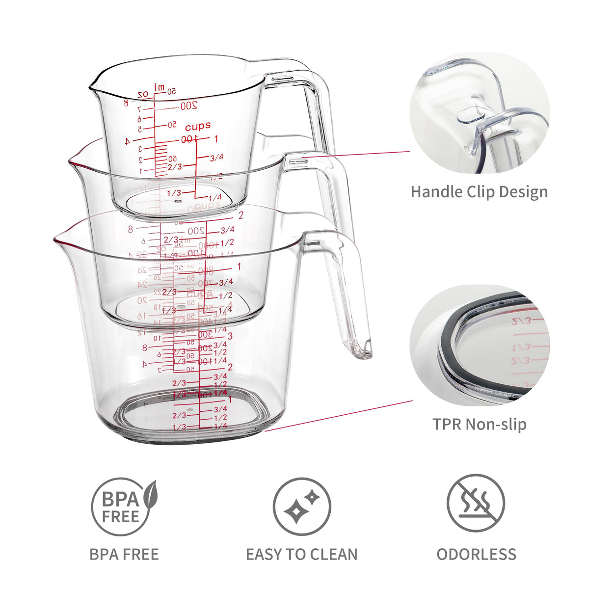PRETTYFINE 3-piece nesting cups, 2-cup view, for easy scaling of sauces and batters.