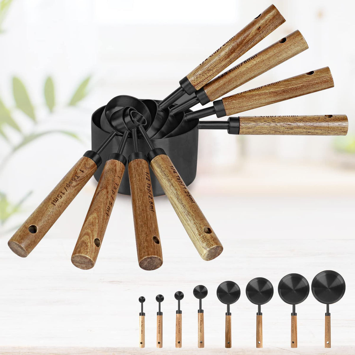 PrettyFine black stainless steel heads with acacia wood handles for comfortable grip.