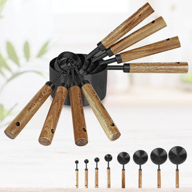 PrettyFine black stainless steel heads with acacia wood handles for comfortable grip.