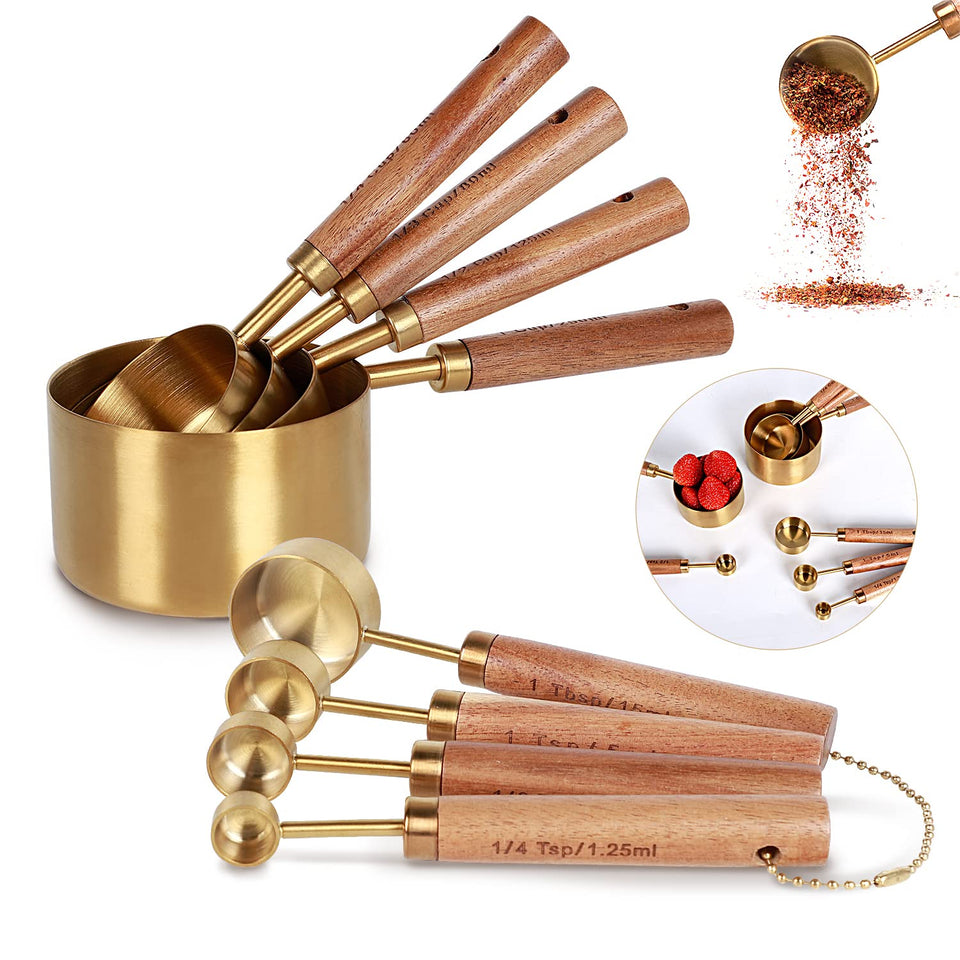 PrettyFine 8-piece gold measuring cups with precise measurements for baking