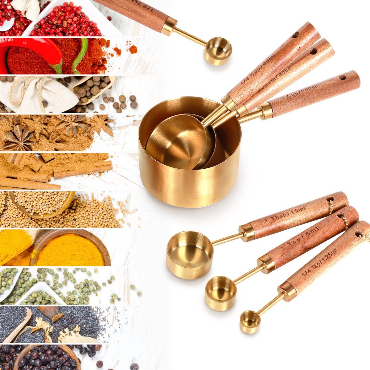 PrettyFine gold measuring spoons set with luxe handles for quick flavoring