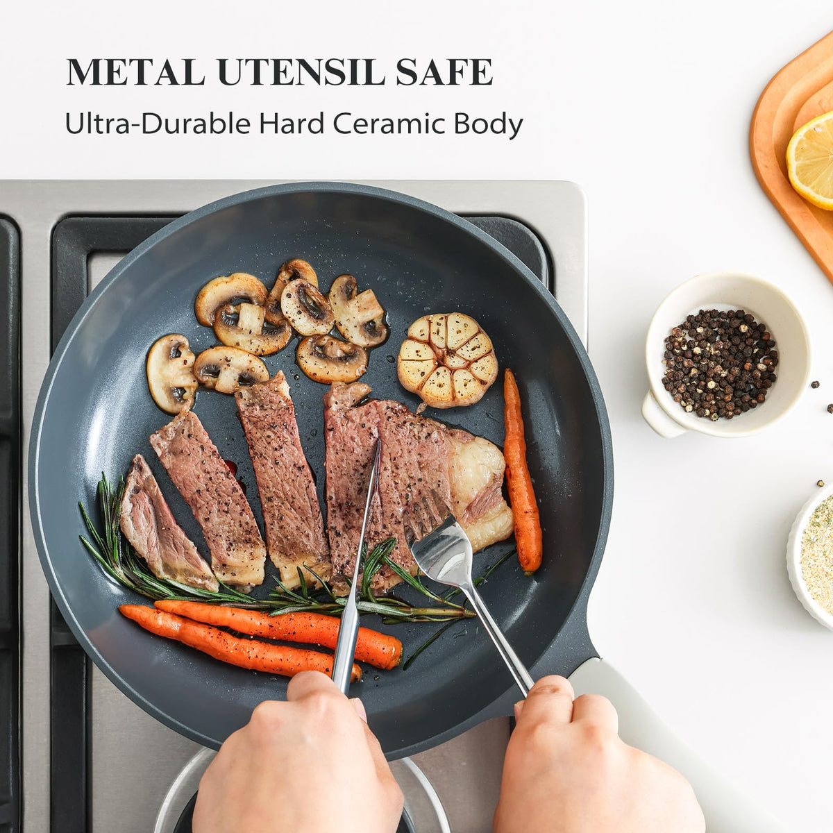 PRICUSIS ceramic nonstick coating provides effortless food release with minimal oil.