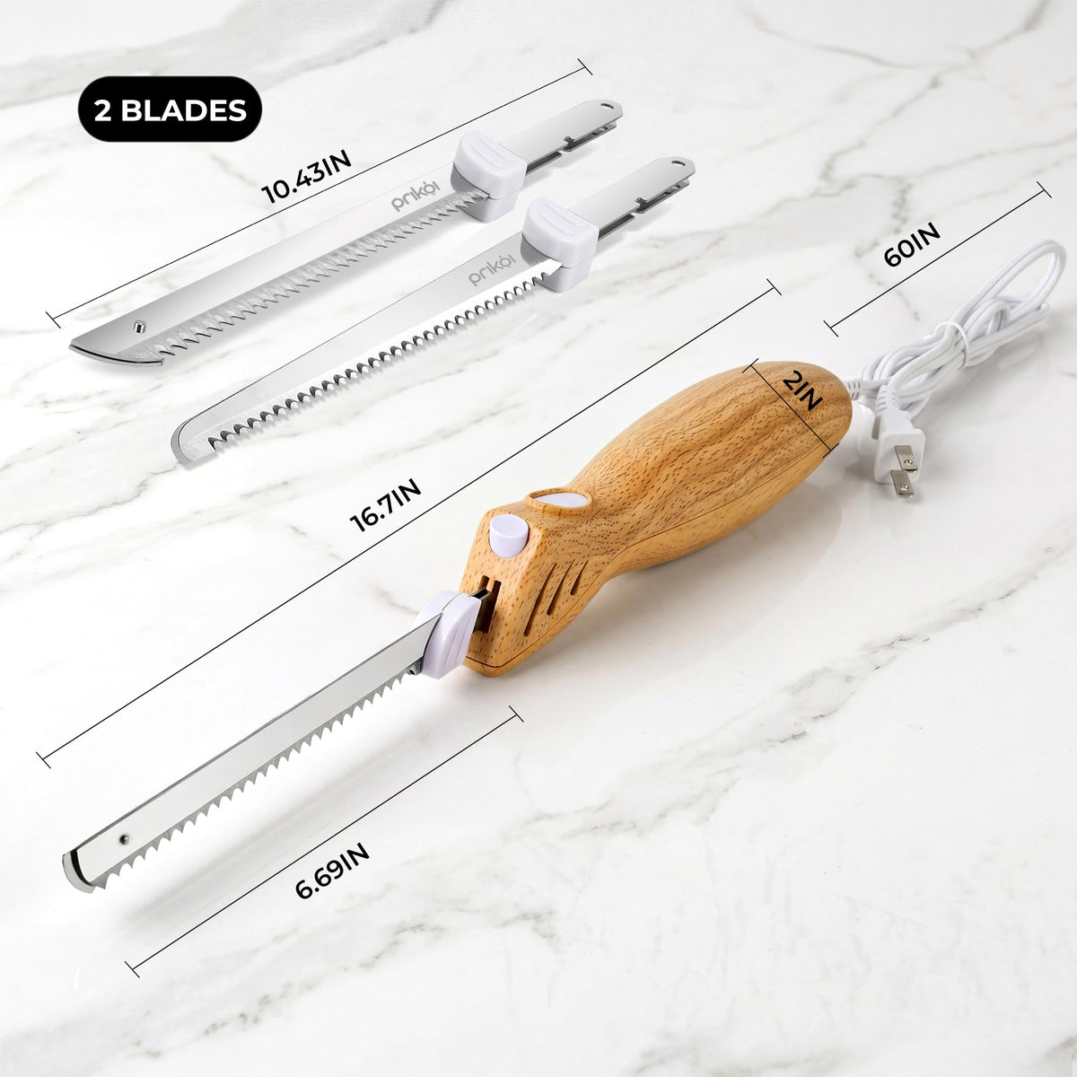 Prikoi Electric Knife dishwasher-safe blade for easy cleanup.