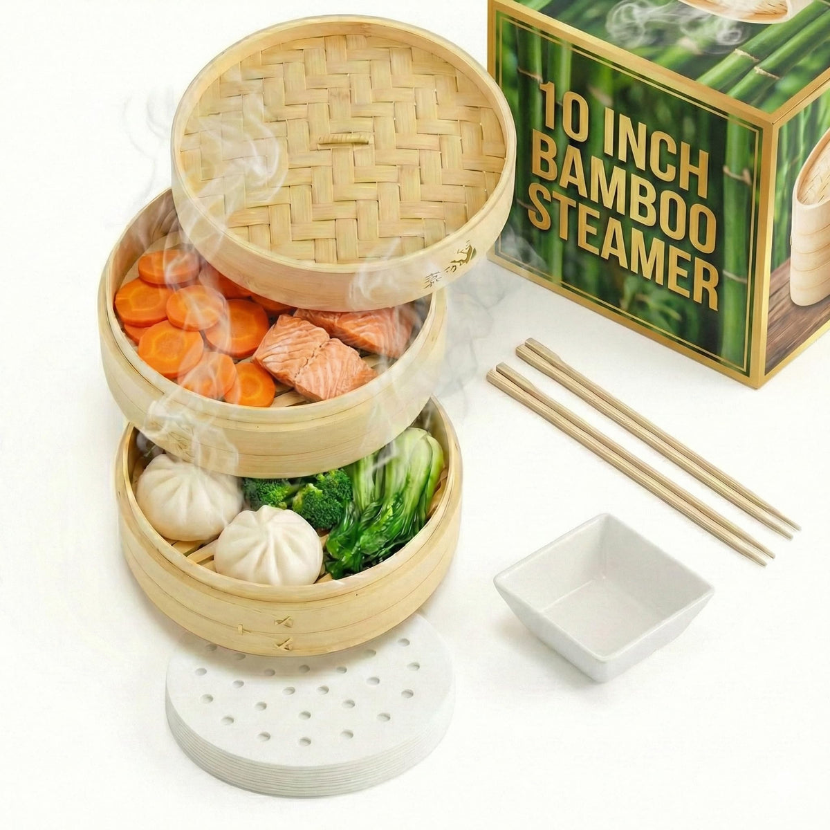 Prime Home Direct 10-inch bamboo steamer basket for healthy vegetables and dumplings.