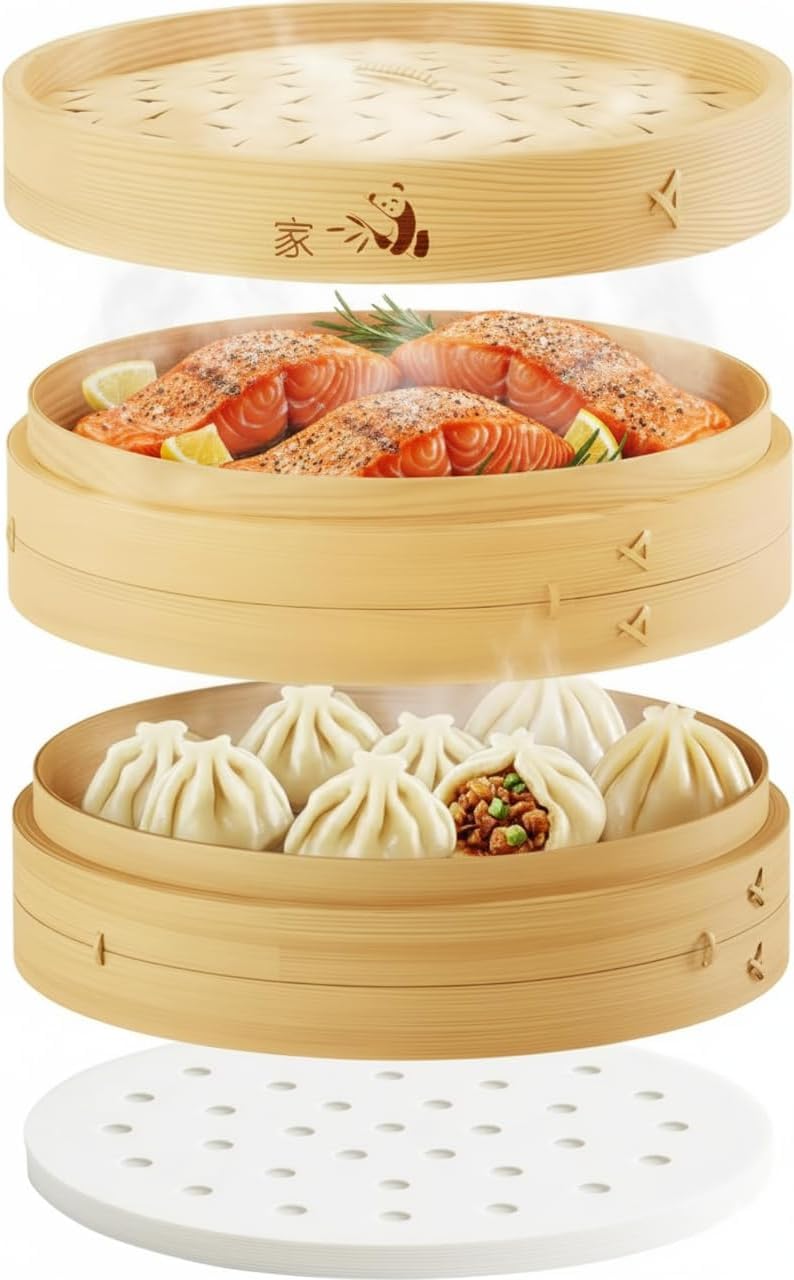 Prime Home Direct bamboo steamer basket on display for easy home steaming