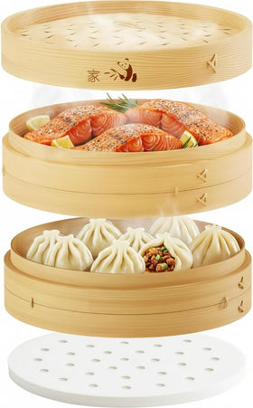 Prime Home Direct bamboo steamer 8-inch in action, steaming vegetables and rice.