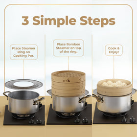 Prime Home Direct steamer ring outer diameter 12.6 inches, broad compatibility with cookware.