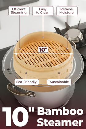 Prime Home Direct two-tier bamboo steamer showing versatile stacked cooking.