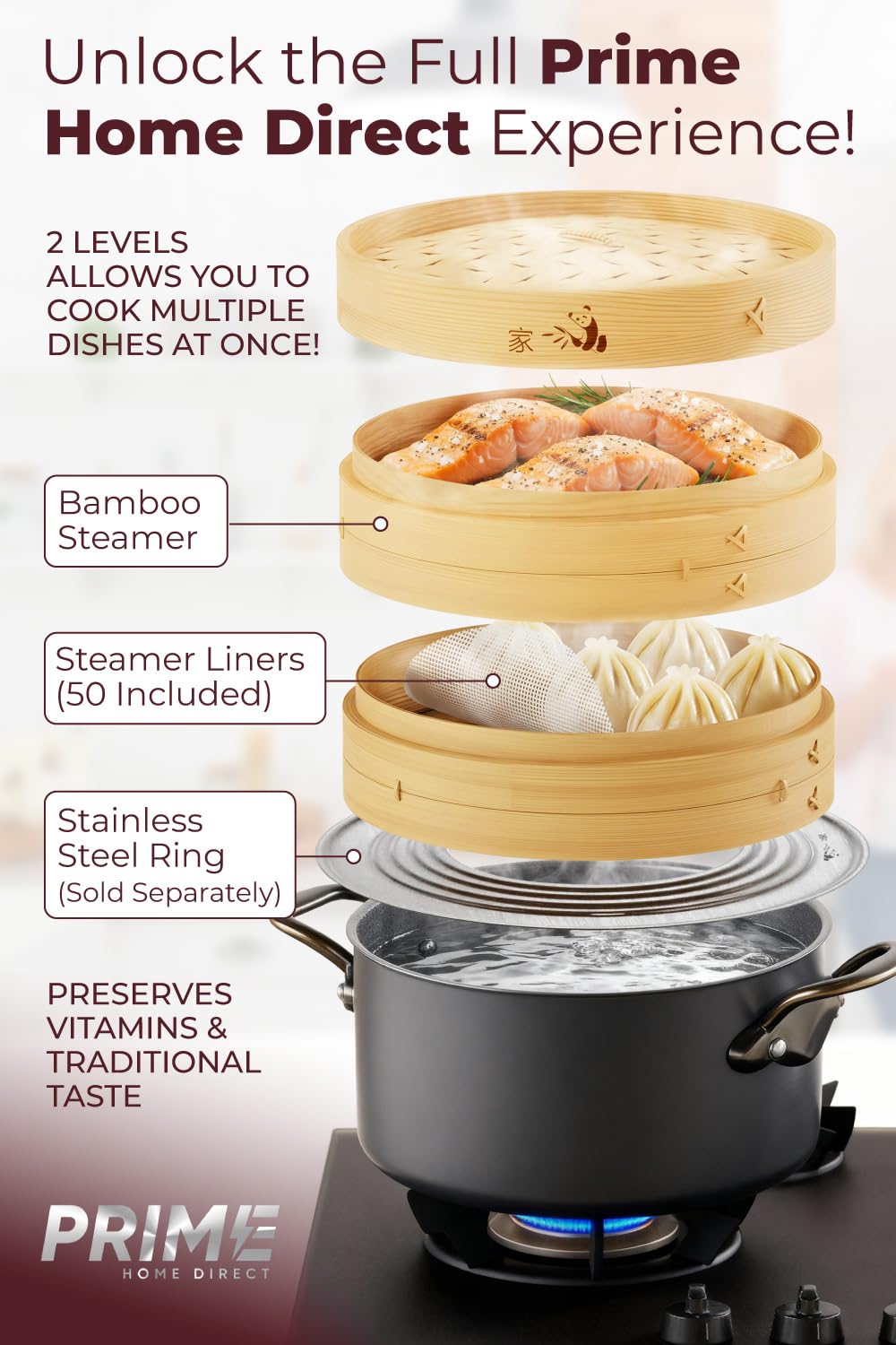Prime Home Direct two-tier steamer stacked for multi-dish cooking and efficiency.