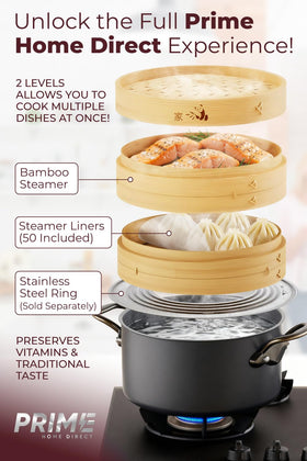 Prime Home Direct two-tier steamer stacked for multi-dish cooking and efficiency.