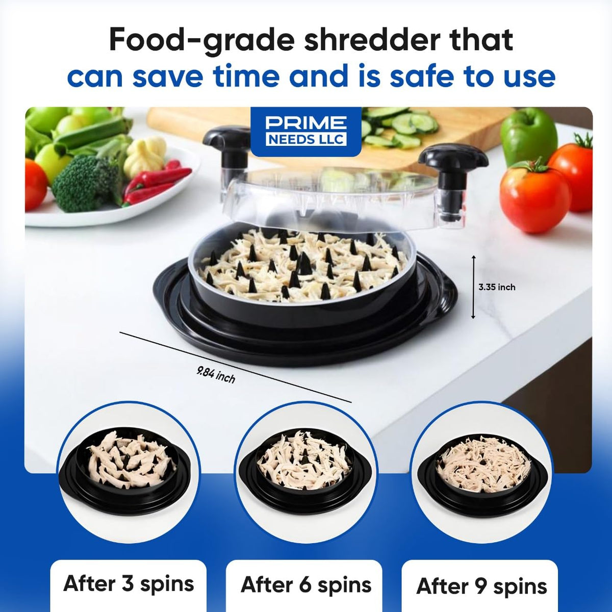 Prime Needs Chicken Shredder crystal-clear lid for easy visibility.