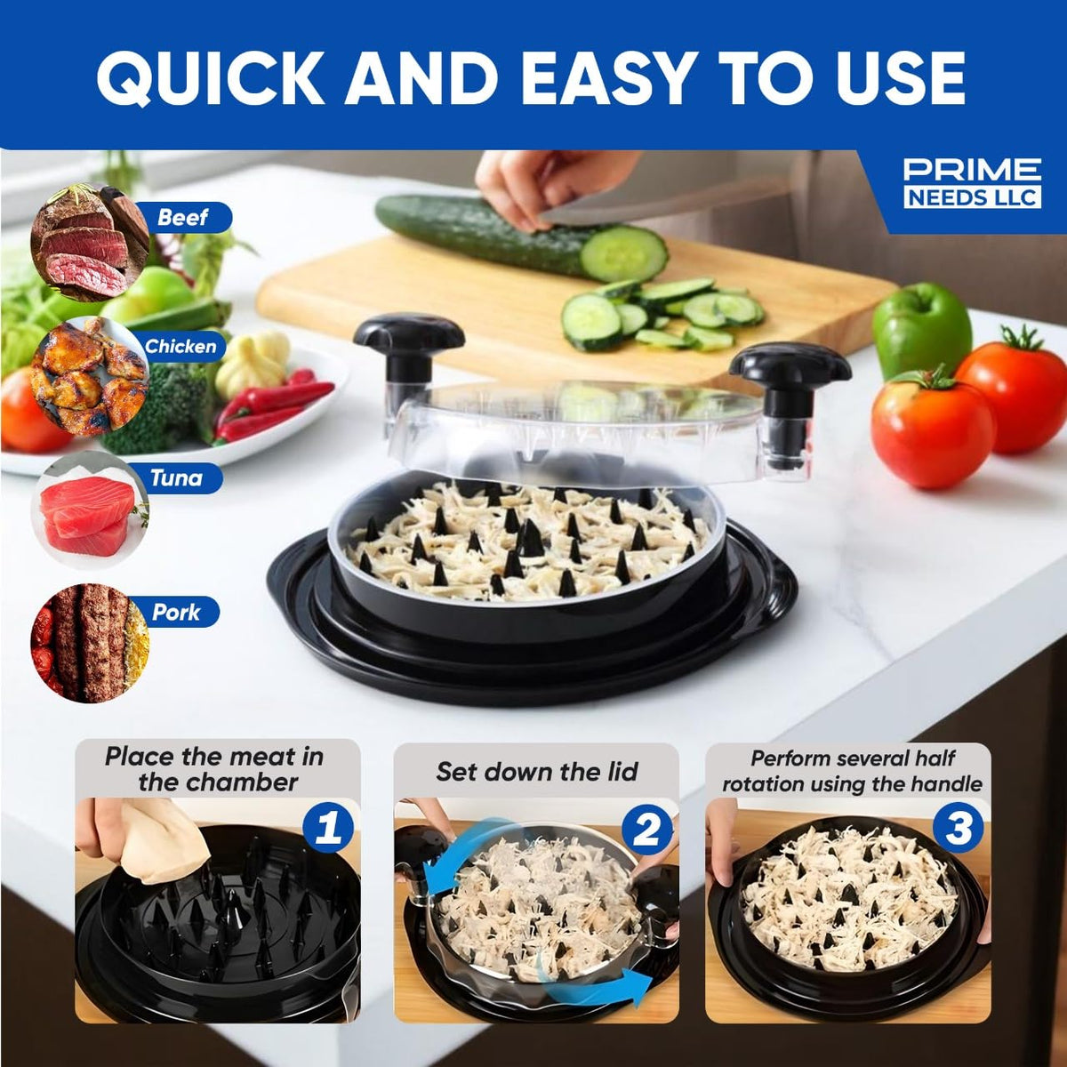 Prime Needs Chicken Shredder removable tray enables bulk batch prep.