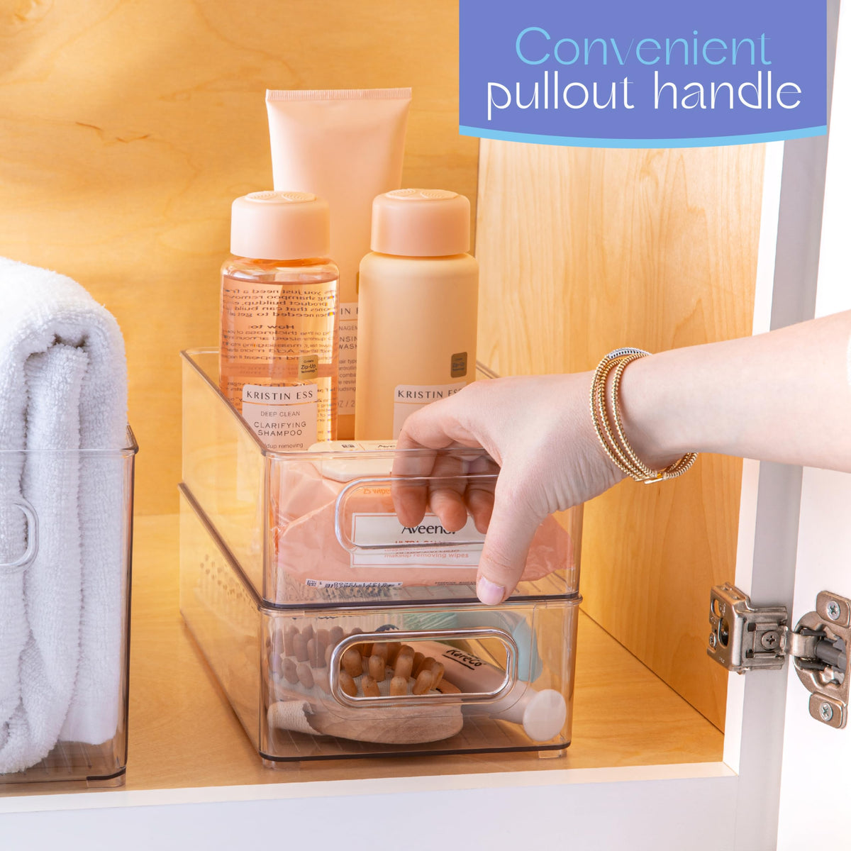 Primebox cabinet storage bin clear design keeps items visible and shelves neat.