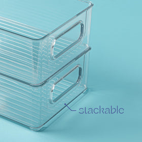 Primebox pantry storage bin clear view helps categorize snacks and cans.