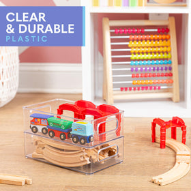 Primebox stackable clear bin demonstrates space saving and tidy shelves.