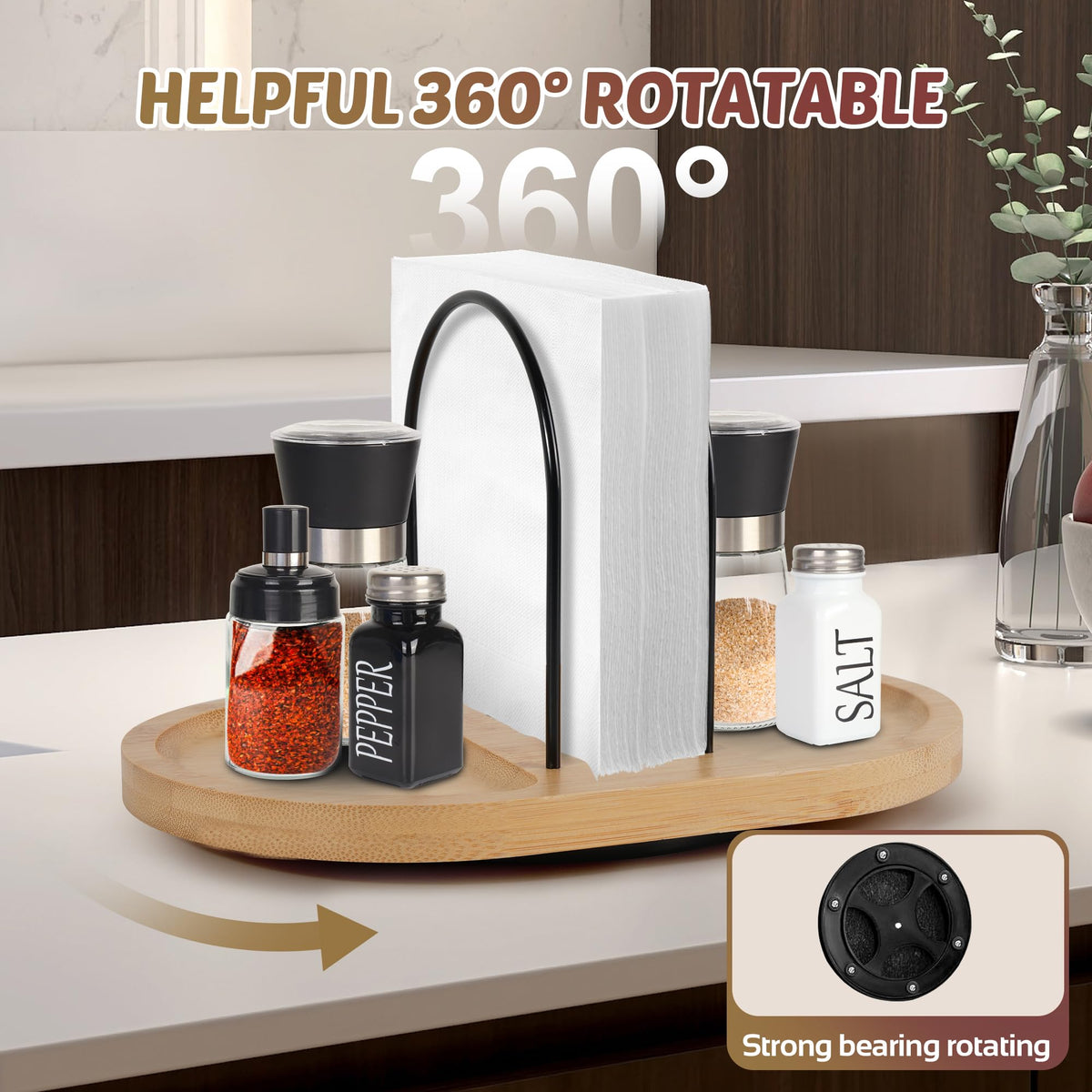 Primo Lines wooden and metal caddy showing integrated salt and pepper storage on the table.