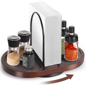 Primolines rotating napkin holder with walnut base keeps napkins accessible at table.