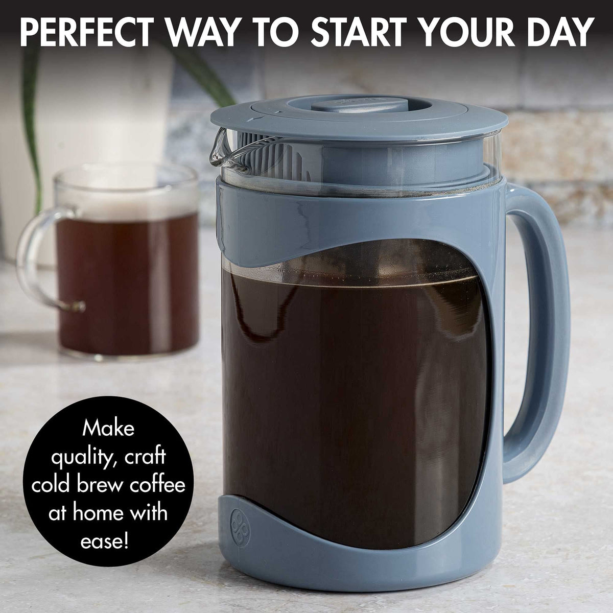 Primula Burke glass carafe shown in a cold brew setup for clear, fresh brews.