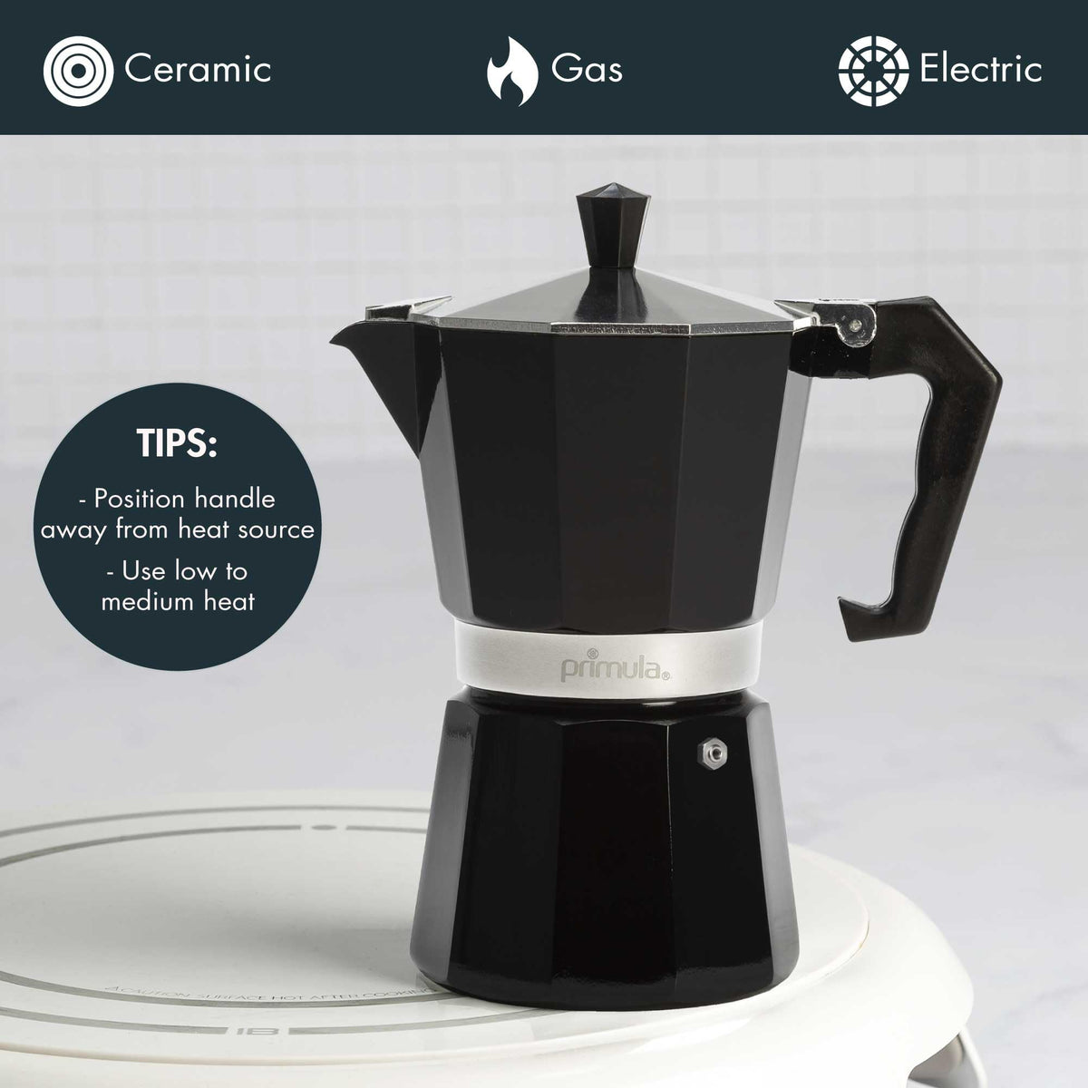 Primula Classic moka pot cast aluminum body adds durability and even heating.
