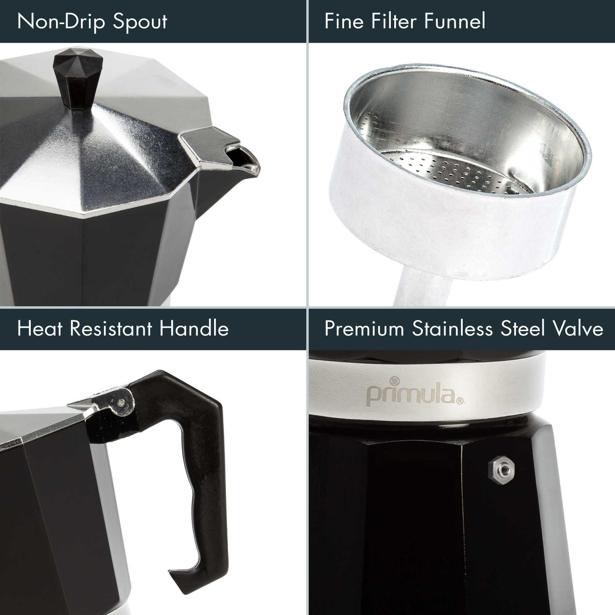 Primula Classic moka pot flip-top lid allows safe, easy pouring.