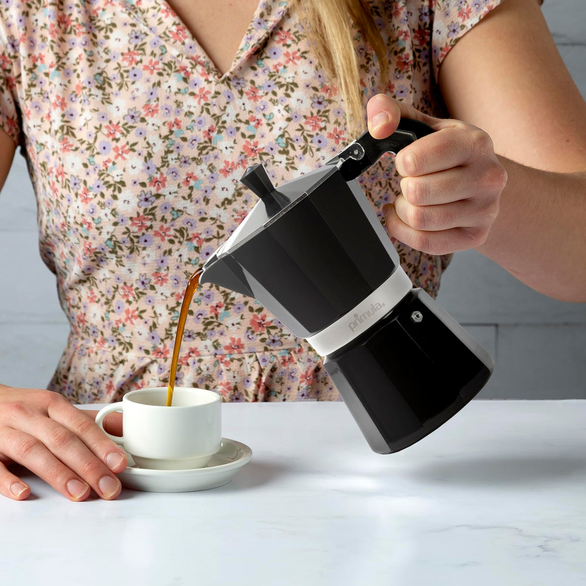 Primula Classic moka pot six-cup serving demonstrates efficient home espresso.
