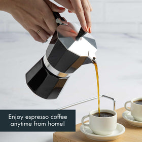 Primula Classic moka pot on stovetop delivers rich espresso flavors.
