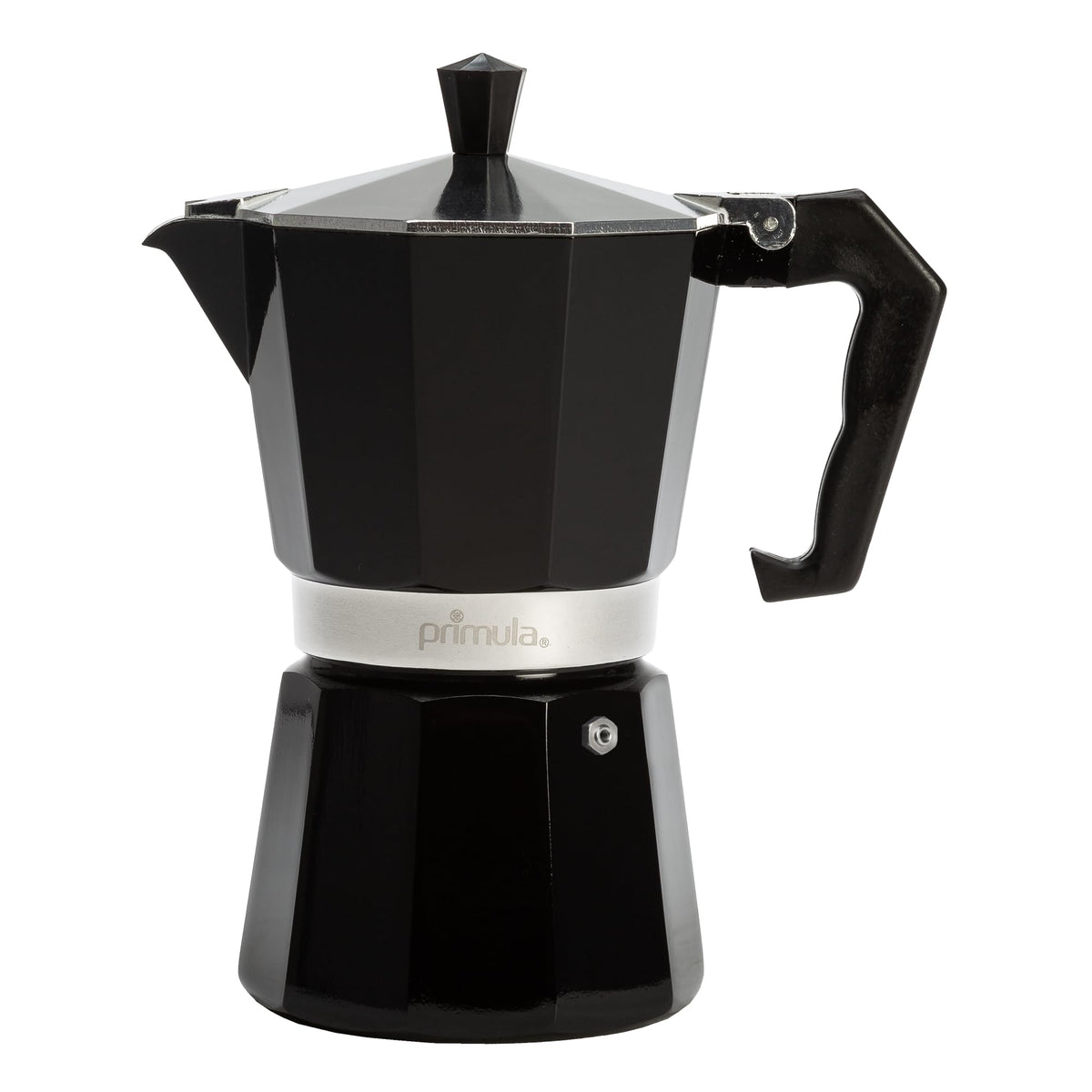 Primula Classic moka pot top view highlighting six-espresso capacity for home brewing.