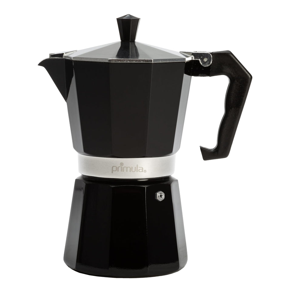 Primula Classic moka pot top view highlighting six-espresso capacity for home brewing.