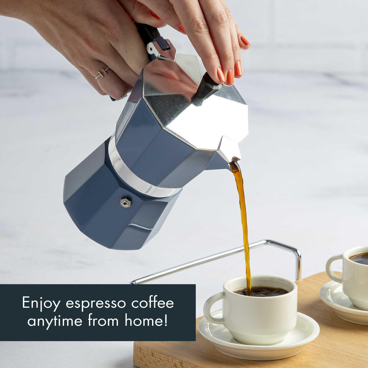 Blue Primula moka pot shown from the side highlighting compact, durable design for easy home espresso.