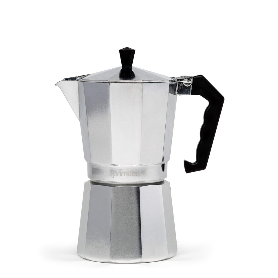 Primula Classic stovetop espresso pot shows nine-cup capacity for quick at-home espresso