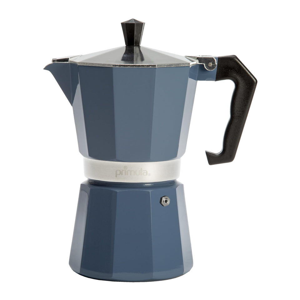 Primula Classic stovetop espresso maker in blue brews six cups at home.
