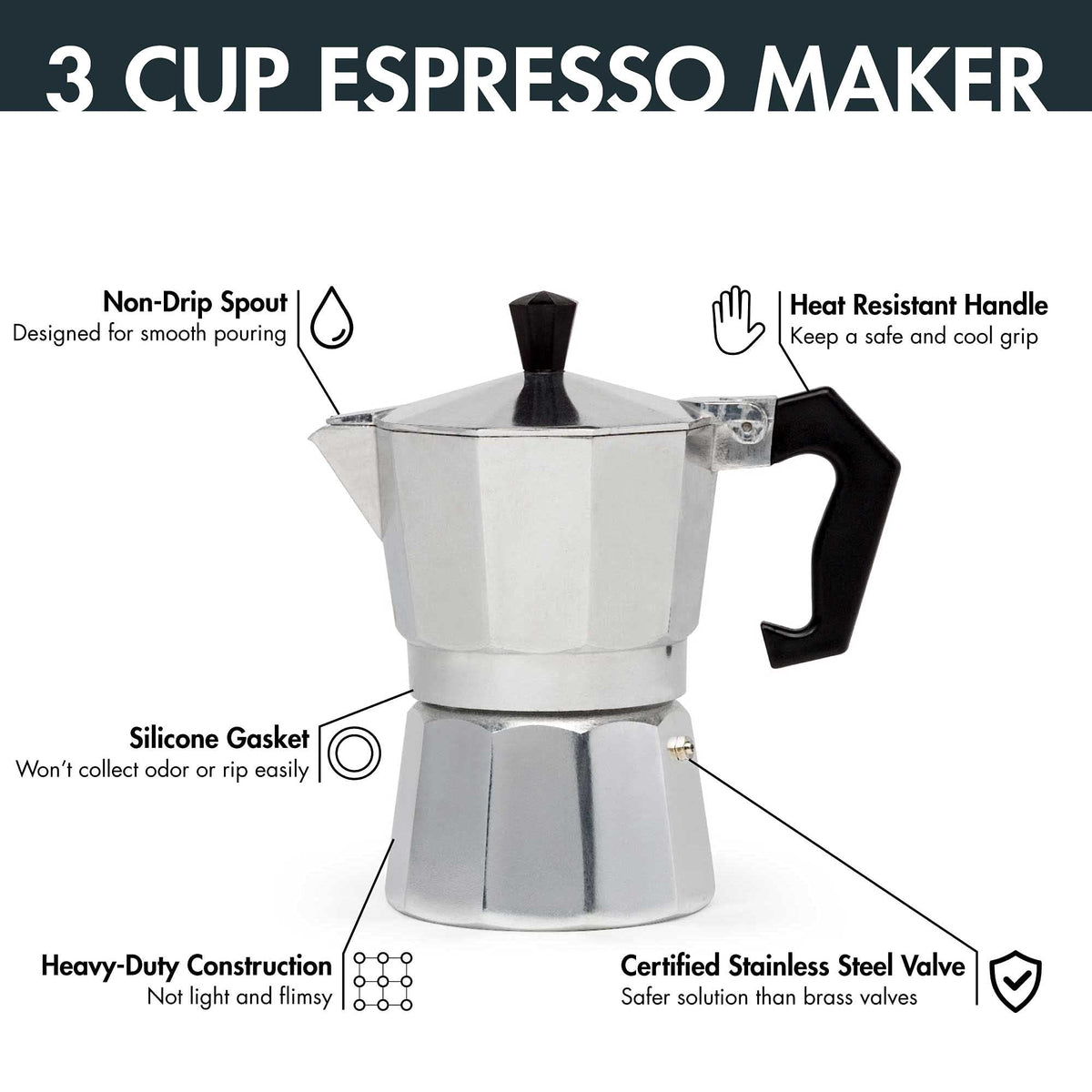 Primula Classic stovetop espresso maker cast aluminum body for durable, even heating.