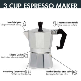 Primula Classic stovetop espresso maker cast aluminum body for durable, even heating.