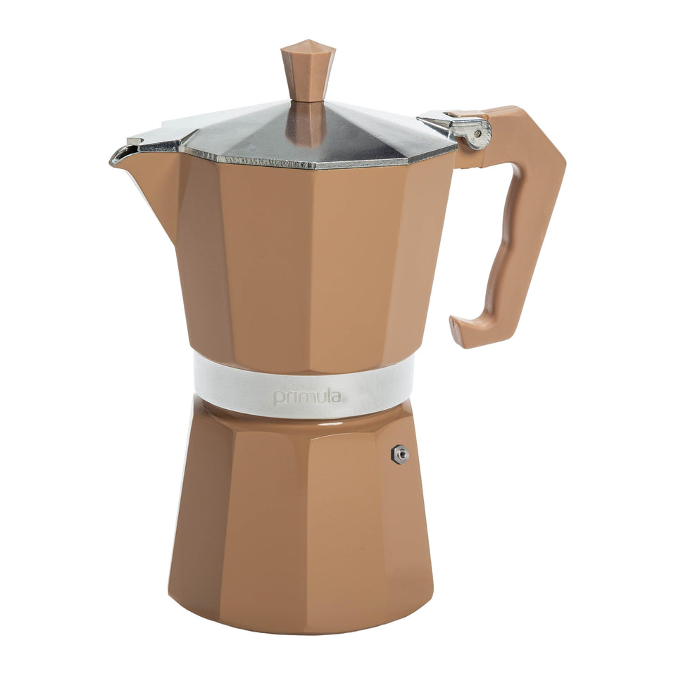 Primula Classic stovetop Moka Pot brews rich espresso on the stove.