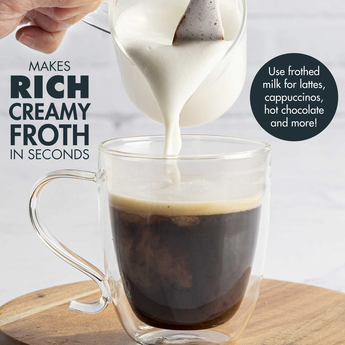 Primula foamed milk in a cup for cappuccinos or lattes