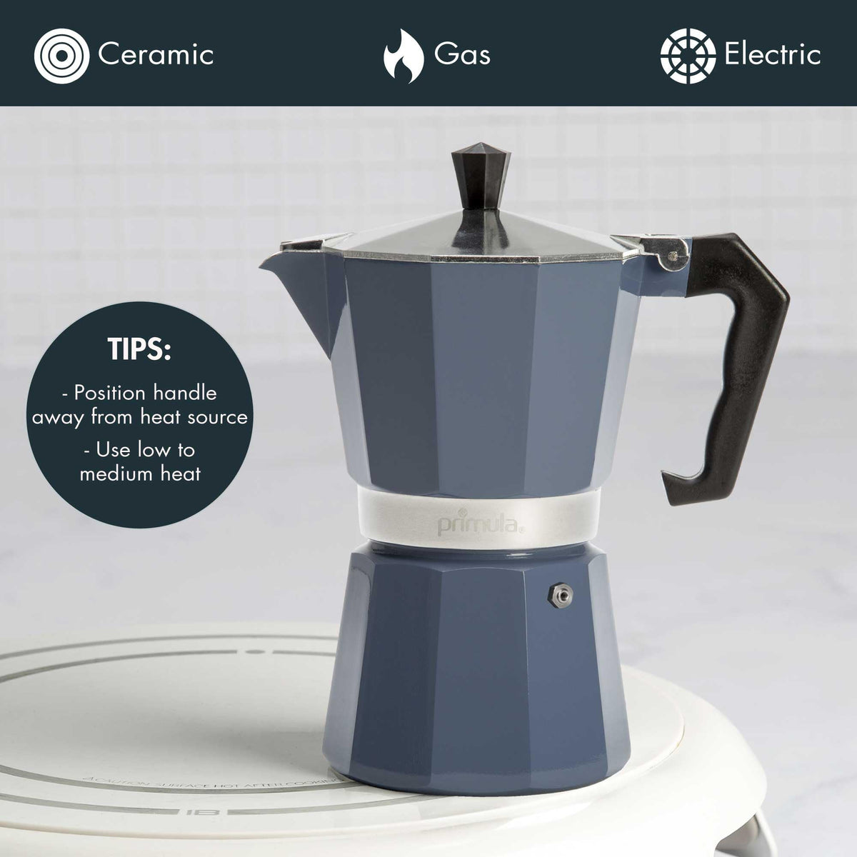 Primula Classic moka pot features cast aluminum for even heat and richer brews.