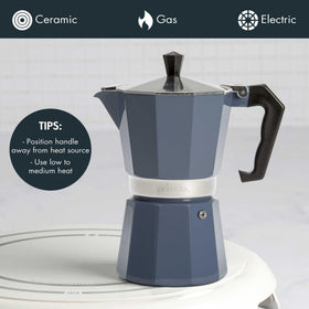 Primula Classic moka pot features cast aluminum for even heat and richer brews.