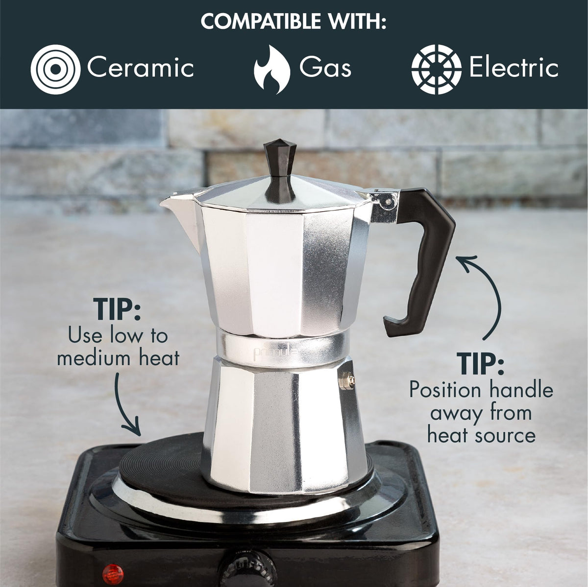 Primula on stovetop setup illustrating easy assembly and rapid espresso.