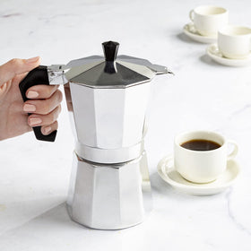 Primula silver moka pot in kitchen setting ready to brew.