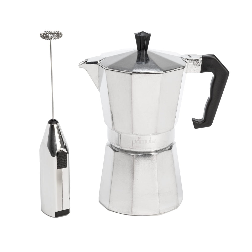 Primula stovetop espresso maker on stove for rich crema at home