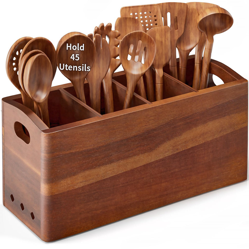 PrimZooty acacia wood utensil holder on counter with natural finish and ample storage.