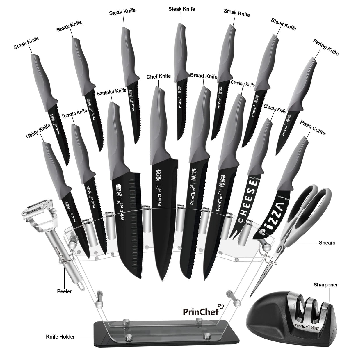 PrinChef knife blades close-up showing sharp, rust-resistant edges.