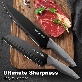 PrinChef knife set sharpener included for maintaining edge.