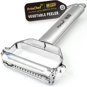 PrinChef 3-in-1 vegetable peeler showing easy peeling for carrots and potatoes