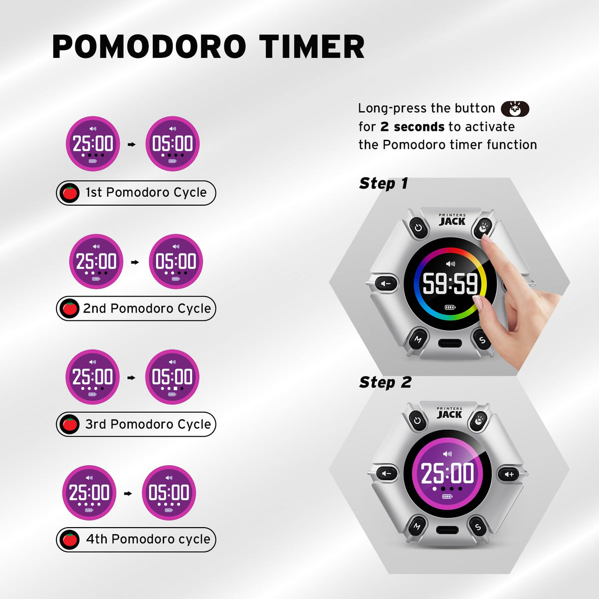 Printers Jack Pomodoro Timer customizable sound and brightness for any setting.