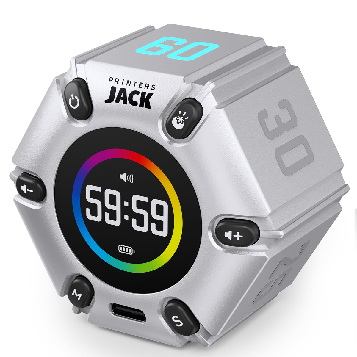 Printers Jack Pomodoro Timer in silver with a compact desk-friendly design.